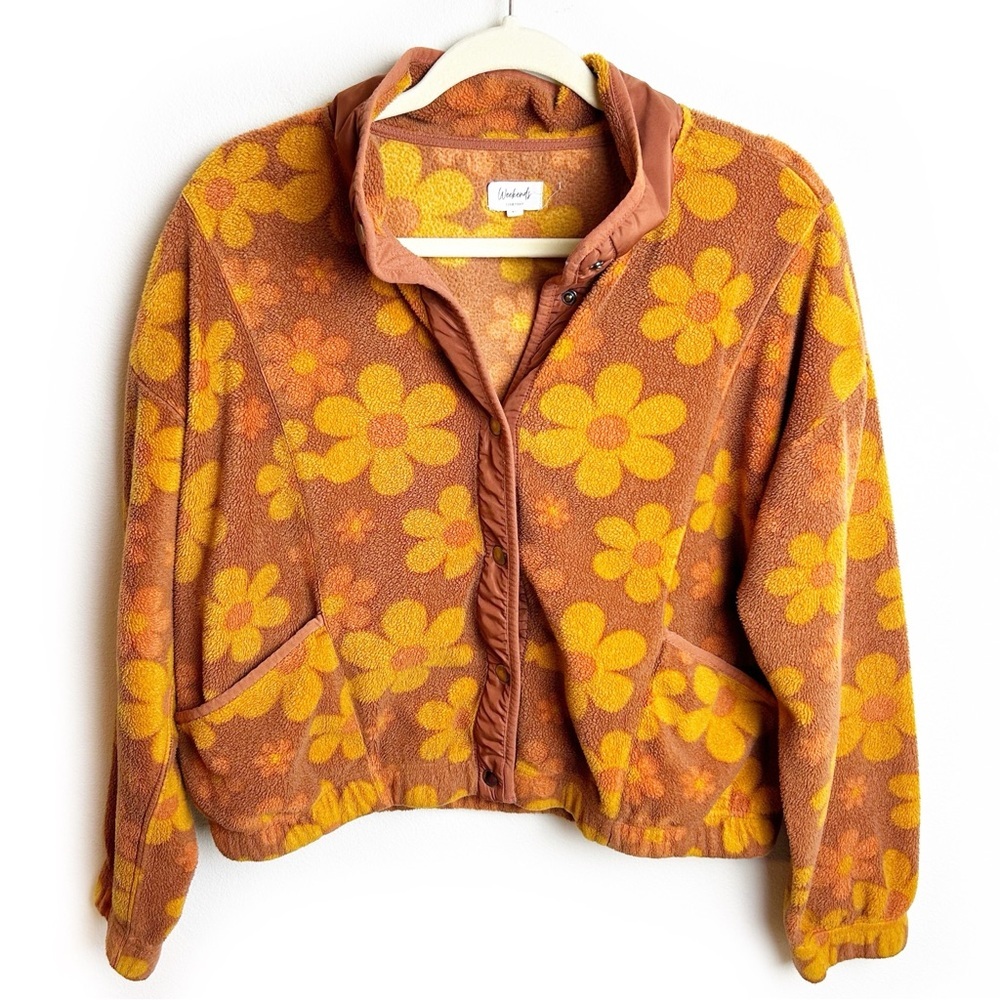 Weekends Everyday Floral Fleece cropped retro sweater jacket size: M